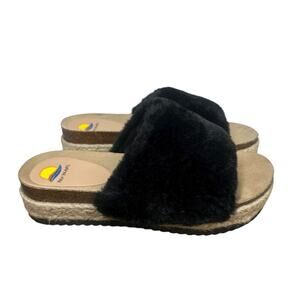 Maui Island Black Faux Fur Platform Wedge Slide Sandals Slippers Cork Footbed 10